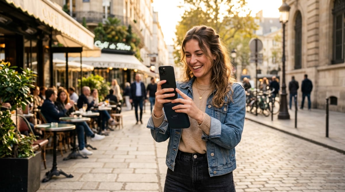 Jeune femme prend une photo avec son smartphone dans la rue