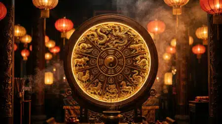 Jeune femme souriante entourée d'une lumière dorée mystique symbolisant l'horoscope chinois du jour