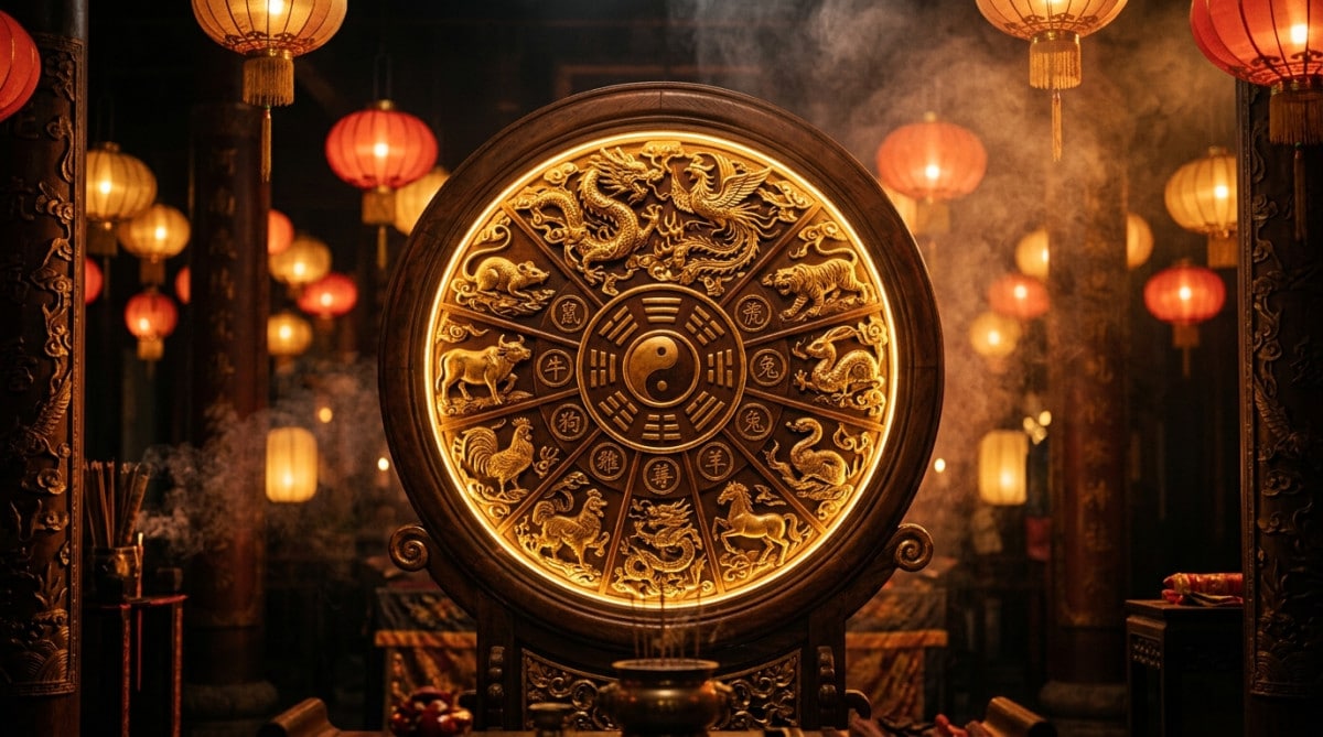 Jeune femme souriante entourée d'une lumière dorée mystique symbolisant l'horoscope chinois du jour
