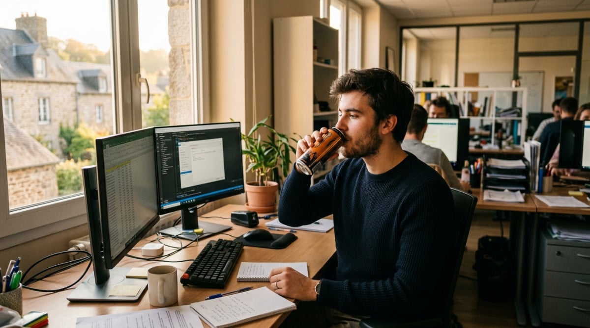 Jeune homme buvant une boisson énergisante au bureau