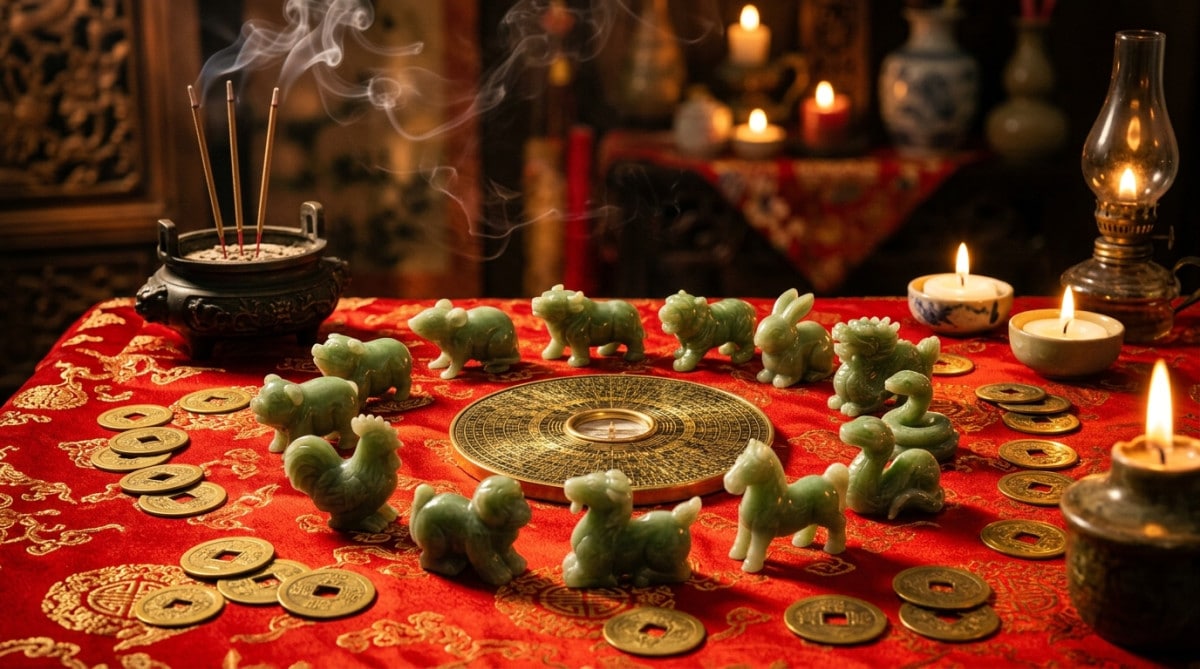 Jeune homme émerveillé contemplant des lumières symbolisant les cinq éléments de l'astrologie chinoise