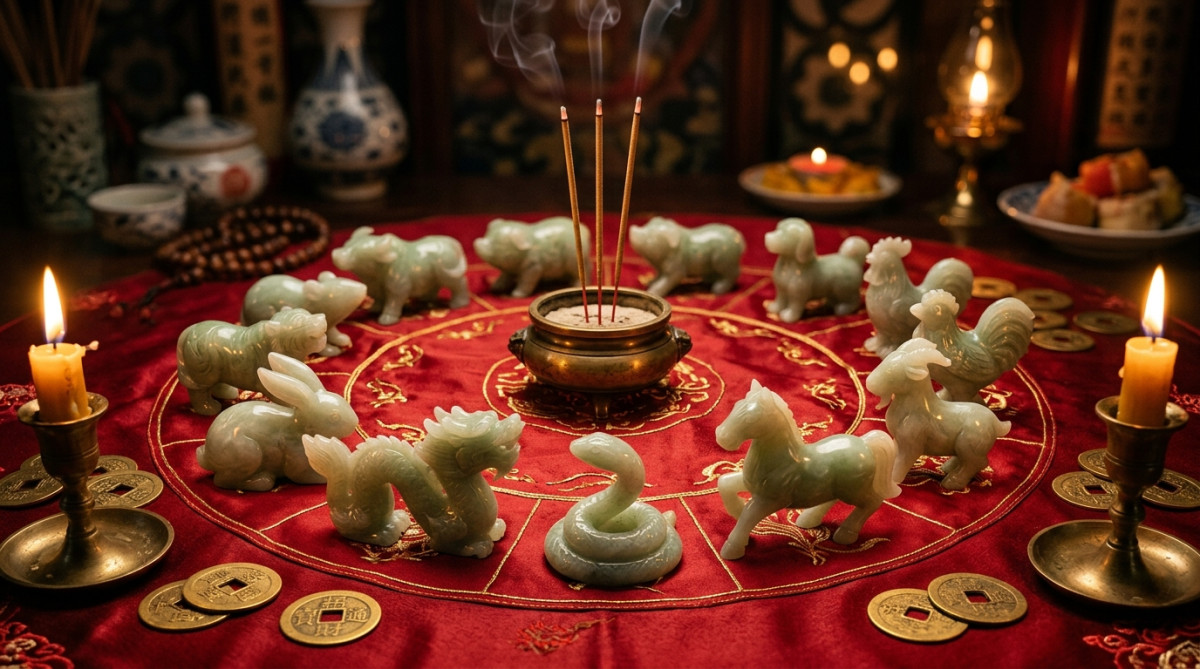Jeune homme émerveillé devant des silhouettes lumineuses de signes du zodiaque chinois