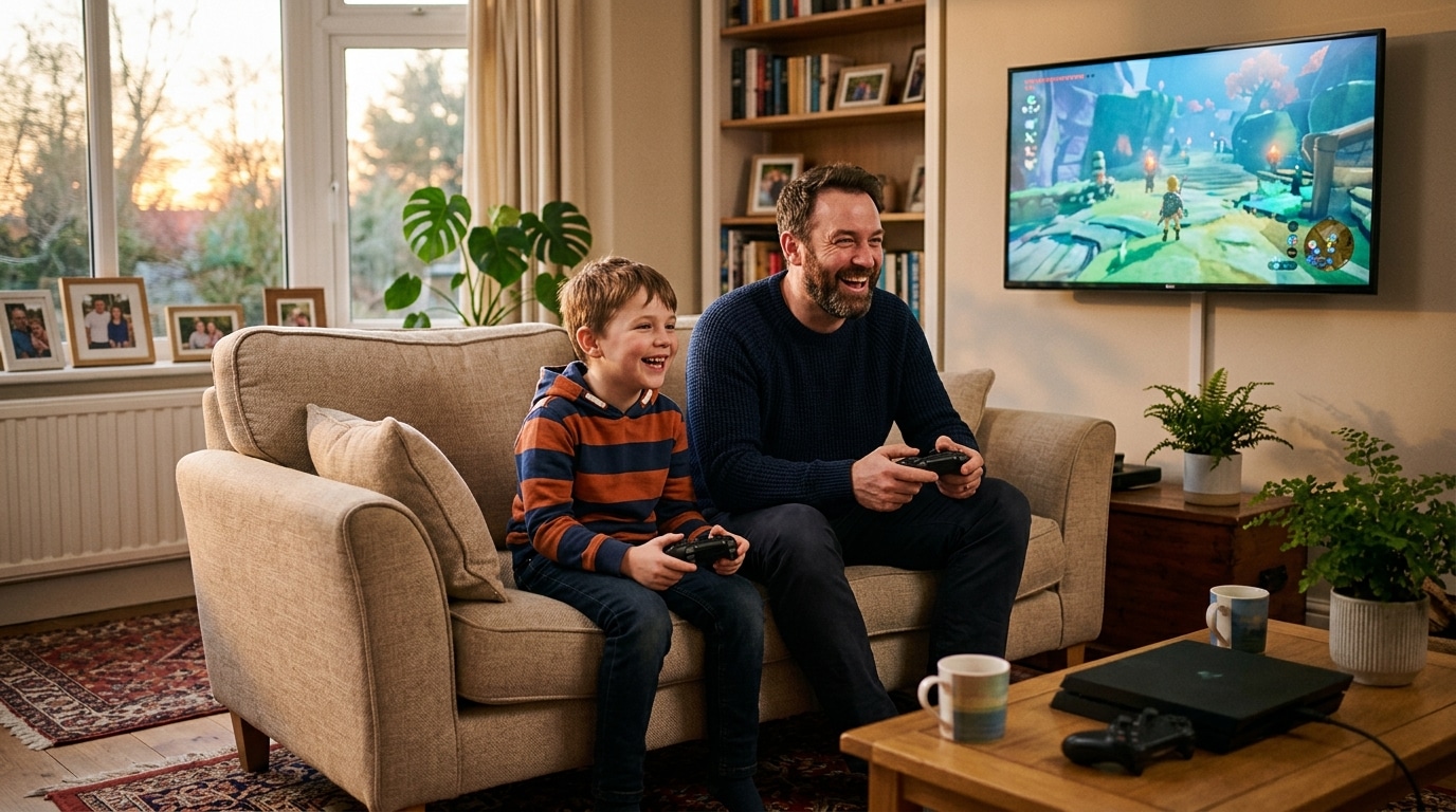 Père et fils jouant ensemble aux jeux vidéo dans le salon