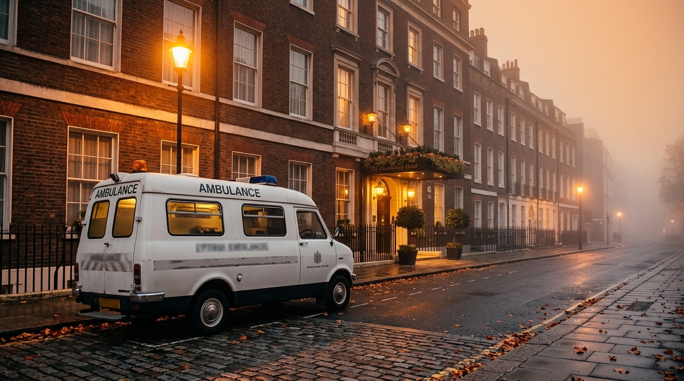 Ambulance devant un hôtel londonien à l'aube