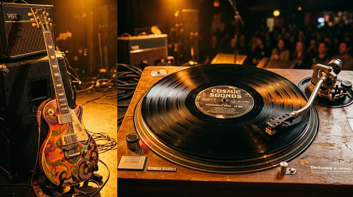 Guitare électrique et vinyle sous lumière dorée