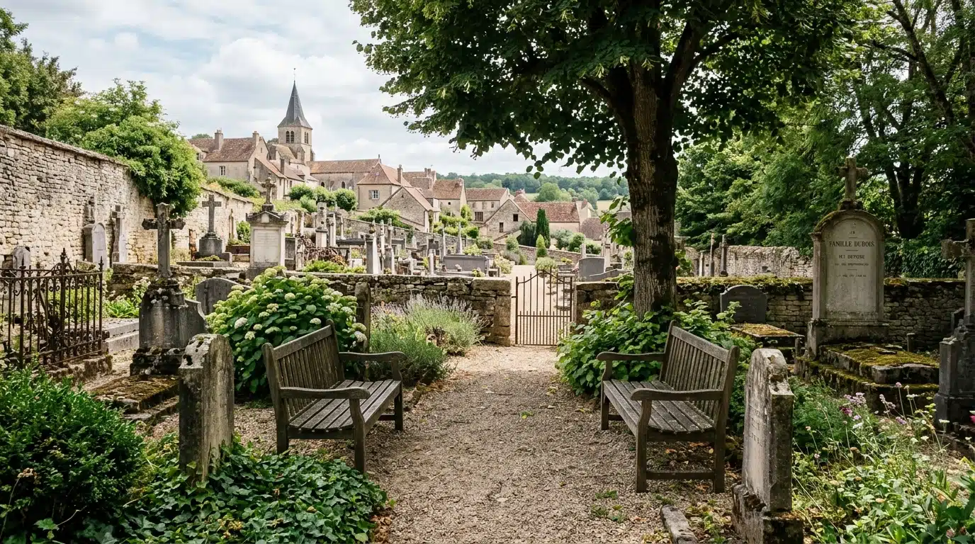 Bancs en bois près d'une tombe fleurie de village