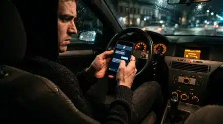 Jeune homme au téléphone dans une voiture la nuit