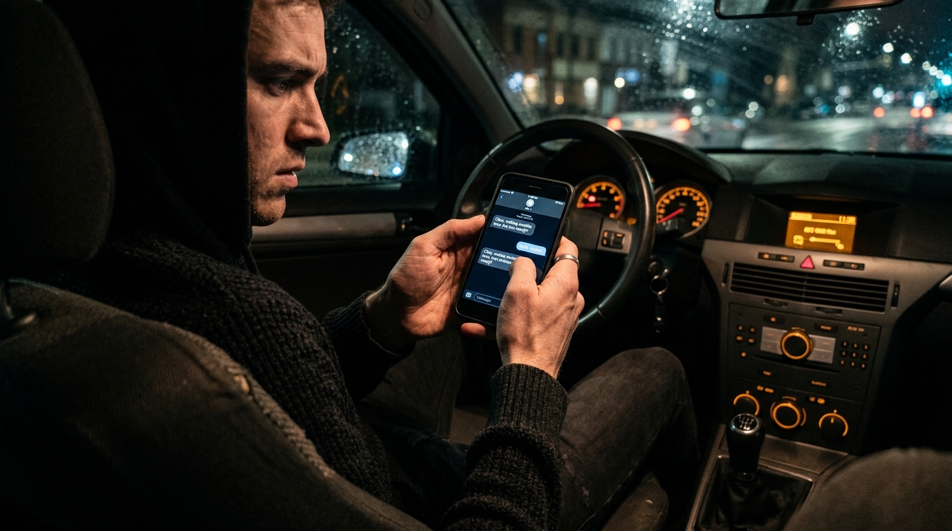 Jeune homme au téléphone dans une voiture la nuit
