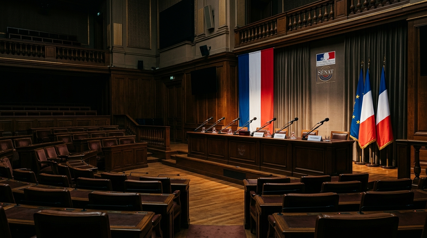 Salle de conférence politique vide évoquant la campagne présidentielle