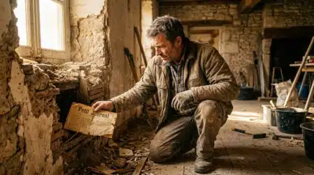 Artisan découvrant un vieux journal caché dans un mur
