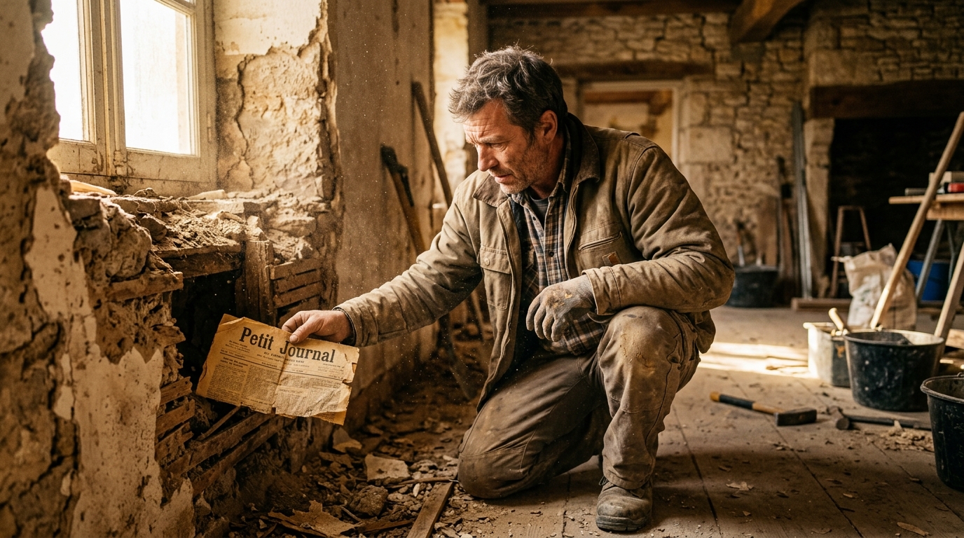 Artisan découvrant un vieux journal caché dans un mur