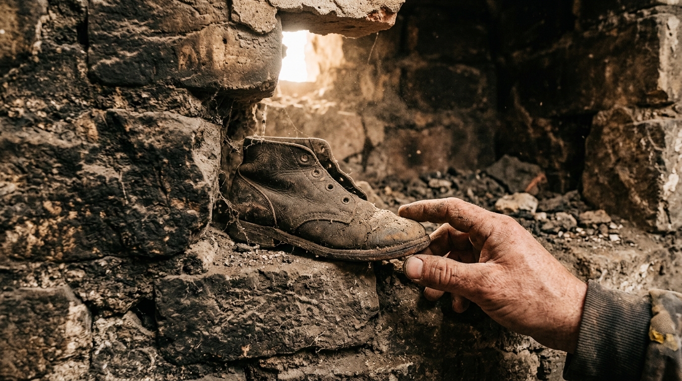 Chaussure d'enfant ancienne trouvée dans une cheminée