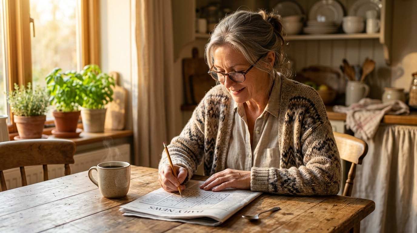 Femme résout une grille de sudoku à table le matin
