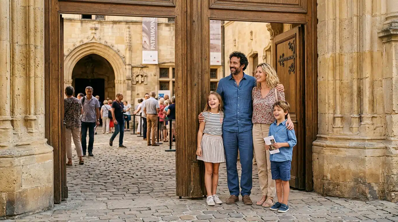 Famille visitant un monument historique sans attente lors des Journées du patrimoine