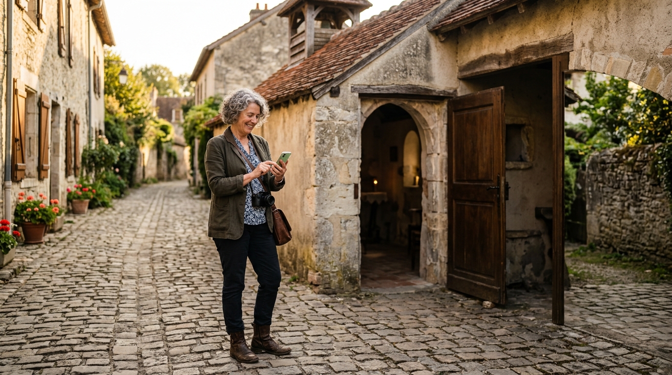 Visiteuse consultant l'application officielle devant une petite chapelle