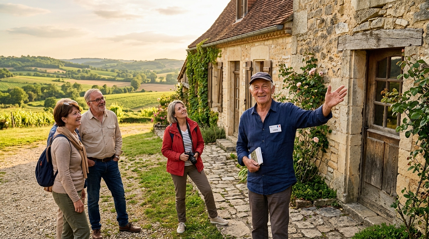 Guide bénévole présentant une ferme ancienne en zone rurale aux visiteurs