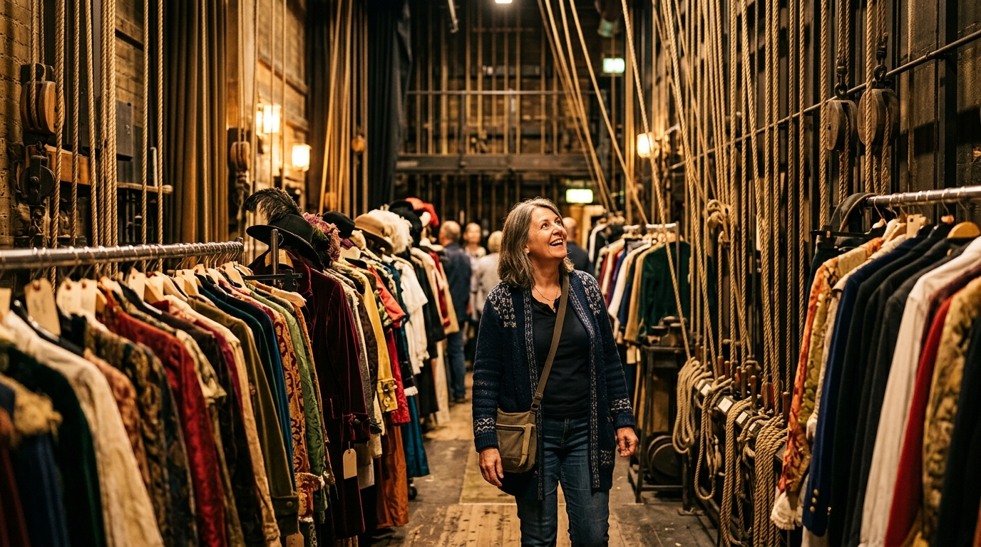 Visiteurs découvrant les coulisses d'un théâtre historique