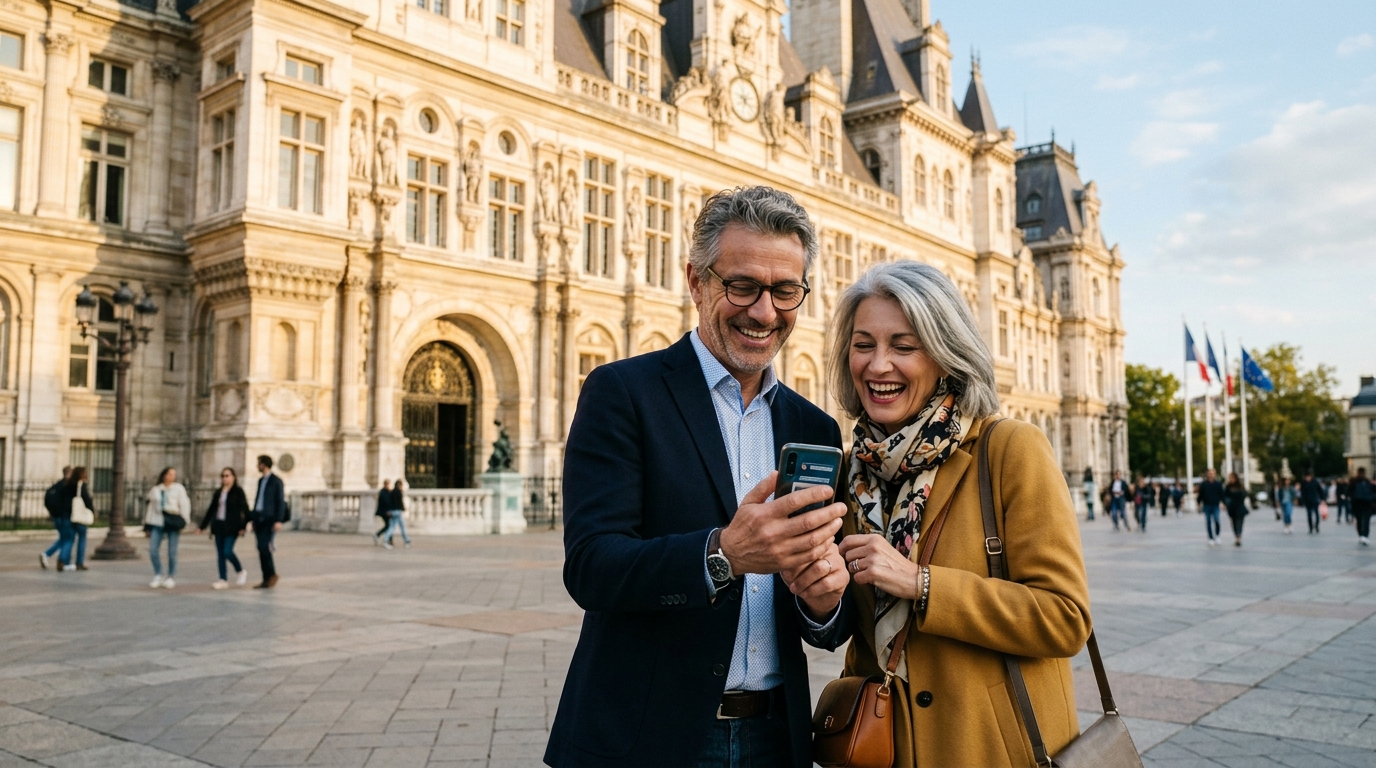 Couple consultant sa réservation devant un monument historique
