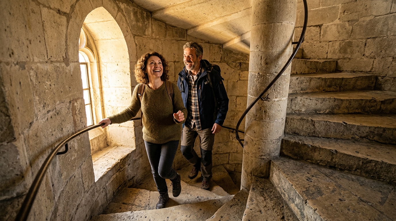 Visiteurs grimpant les marches d'un beffroi historique