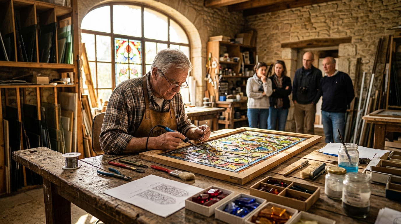 Artisan restaurateur de vitraux dans un atelier ouvert au public