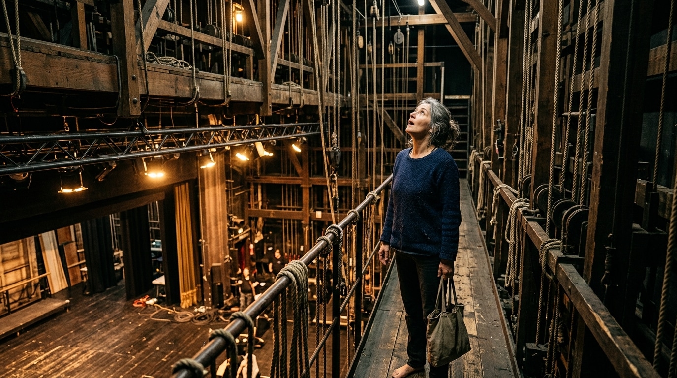 Visiteuse découvrant les coulisses et cintres d'un théâtre