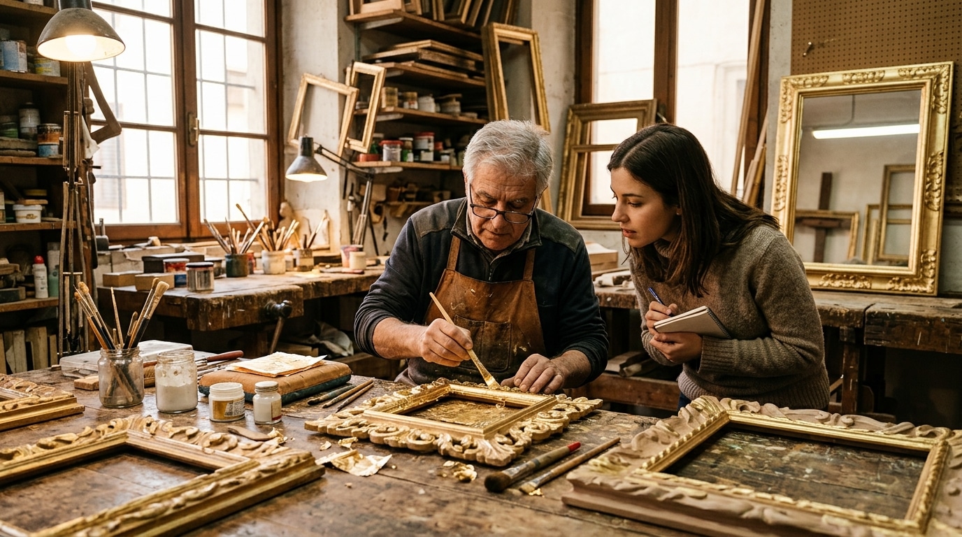 Artisan doreur montrant son savoir-faire à un visiteur