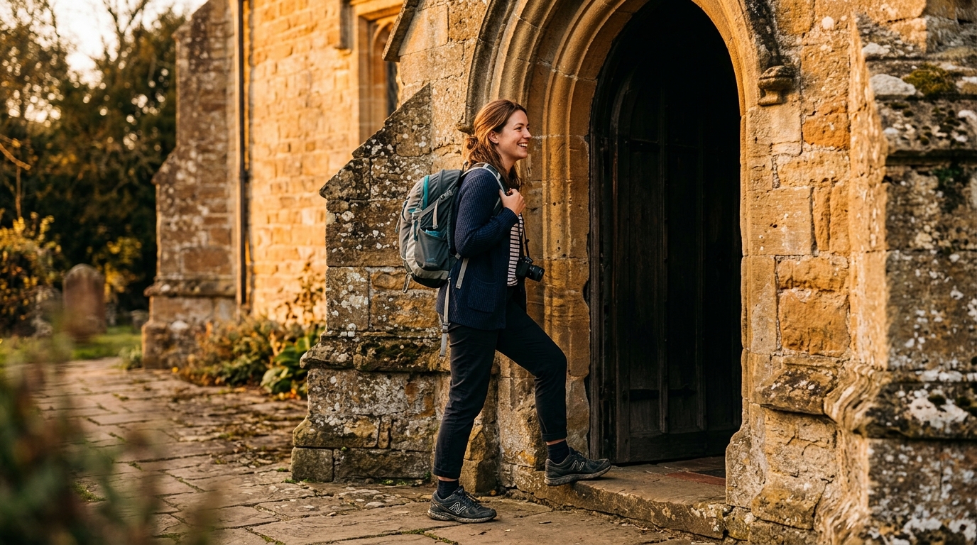 Visiteuse entrant dans une église ouverte sans réservation