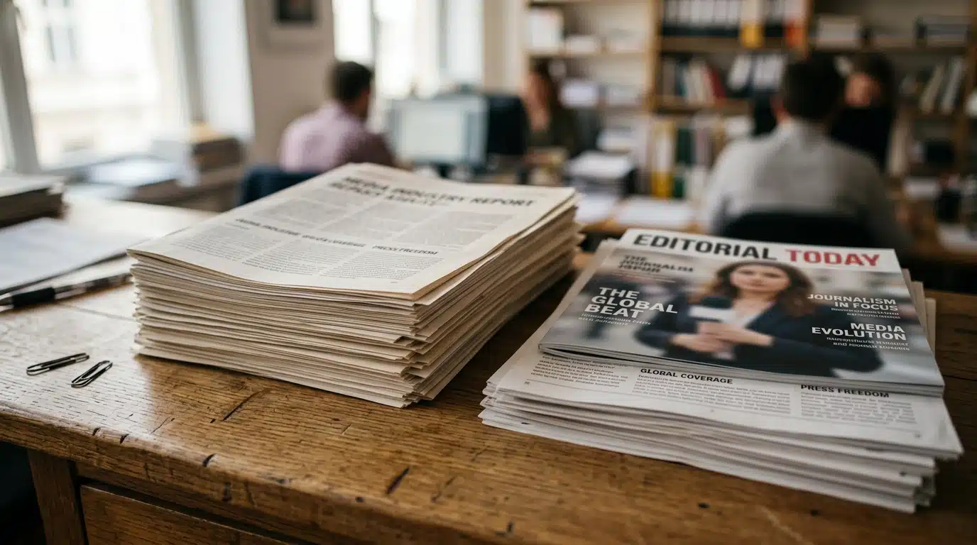 Pile de journaux et magazine flous sur bureau