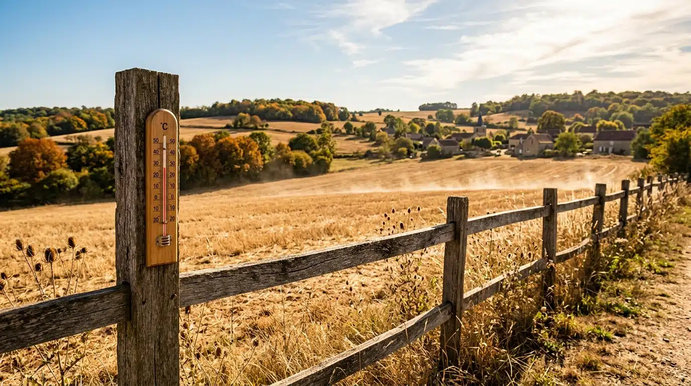 Paysage rural français sous chaleur estivale tardive