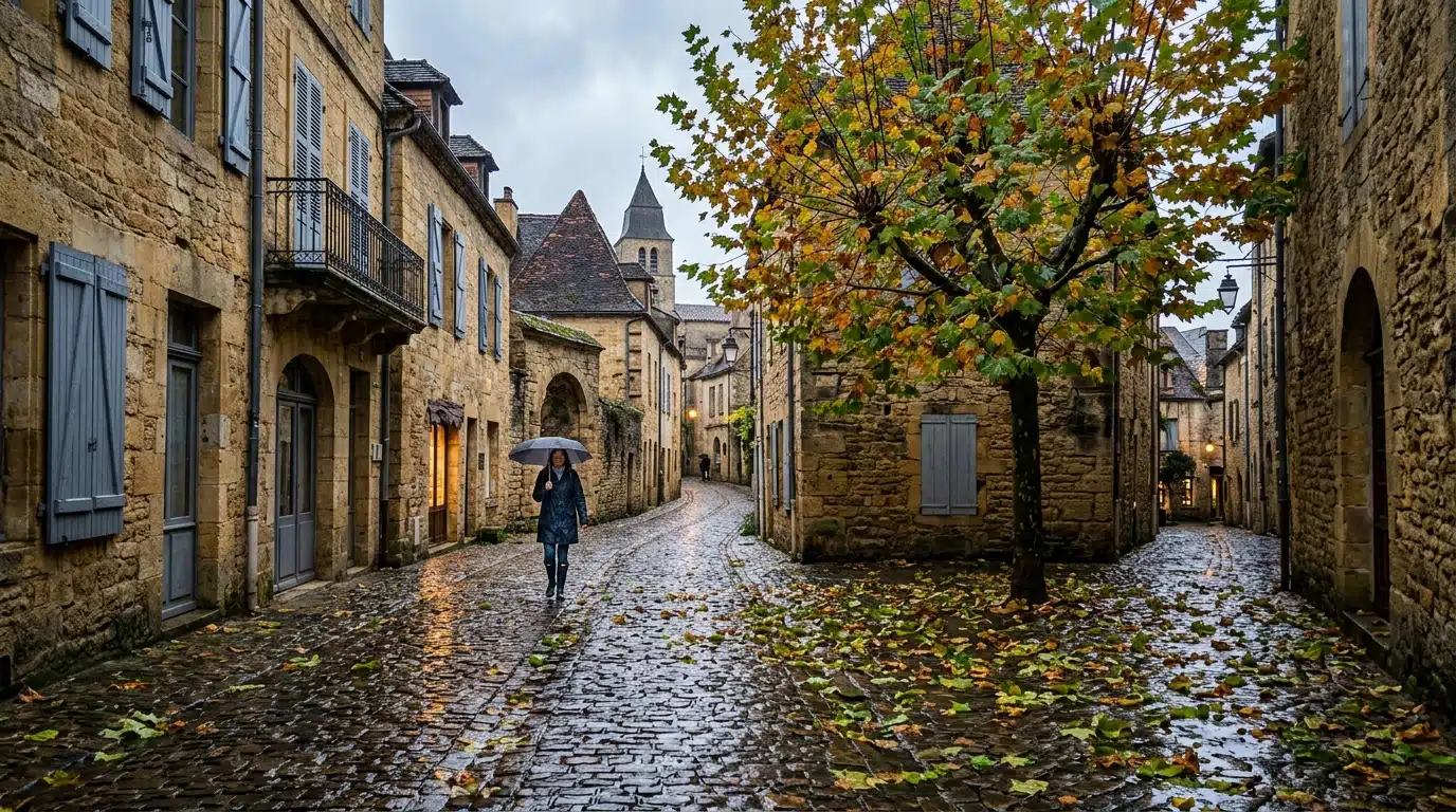 Rue mouillée sous un ciel gris d'automne