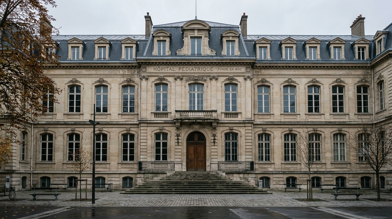 Façade d'un hôpital pédiatrique parisien sous ciel gris
