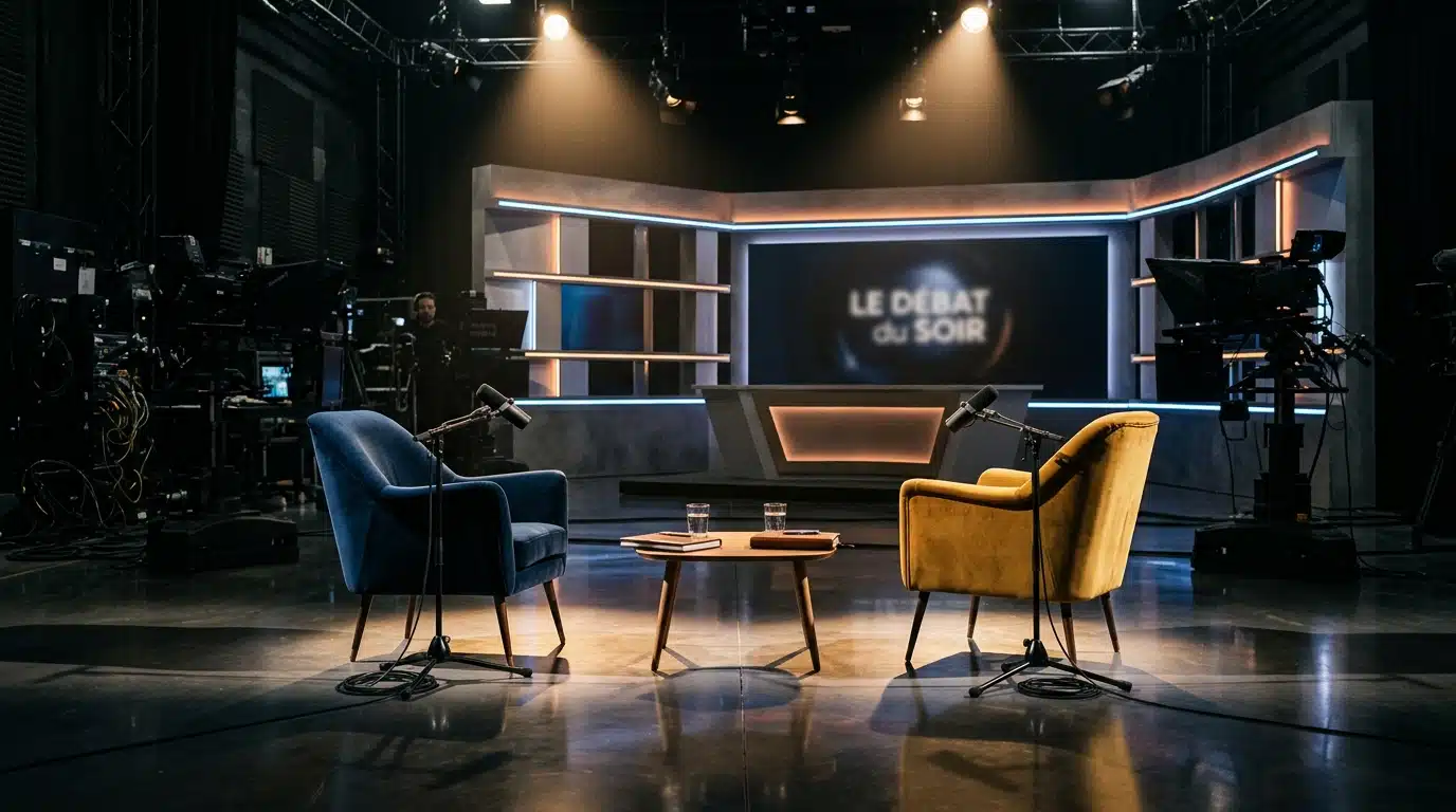 Studio de télévision vide avec deux fauteuils face à face