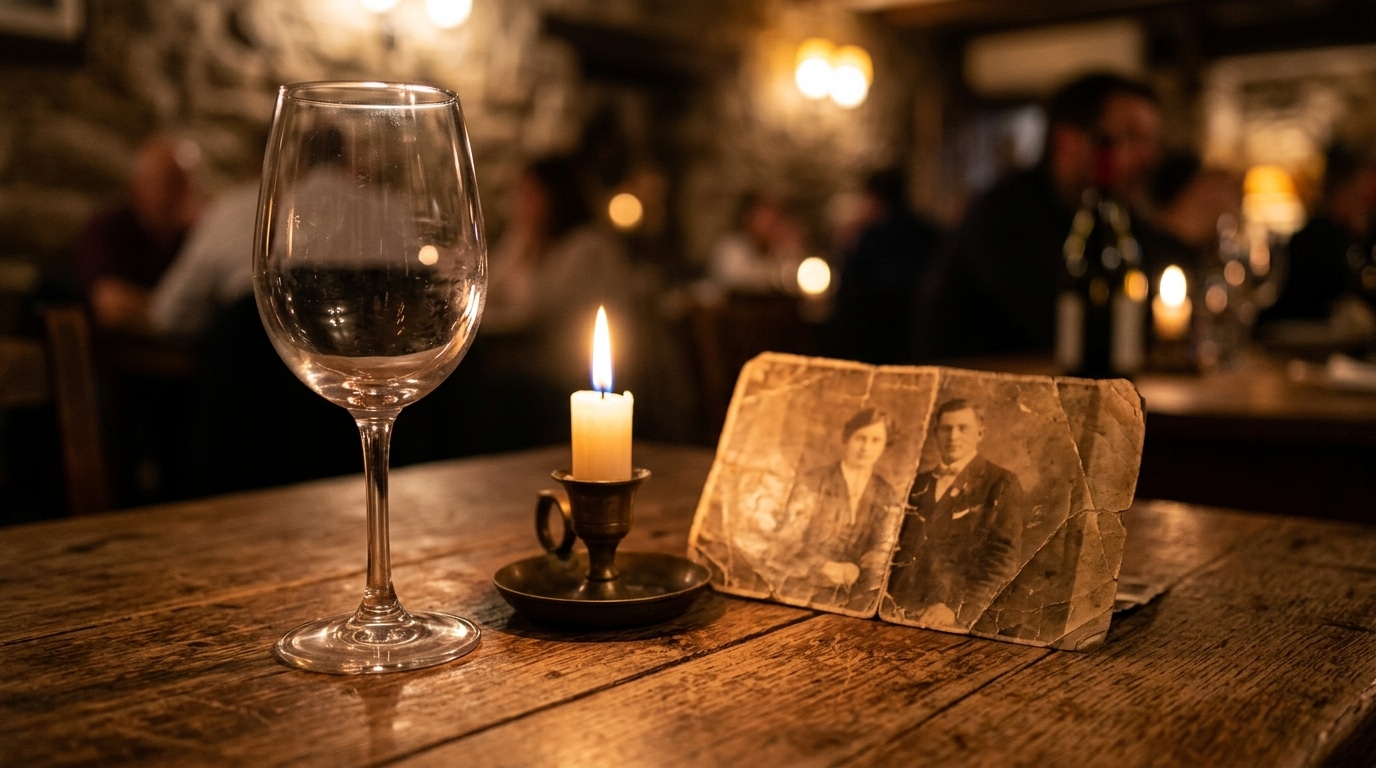 Verre de vin vide près d'une bougie allumée