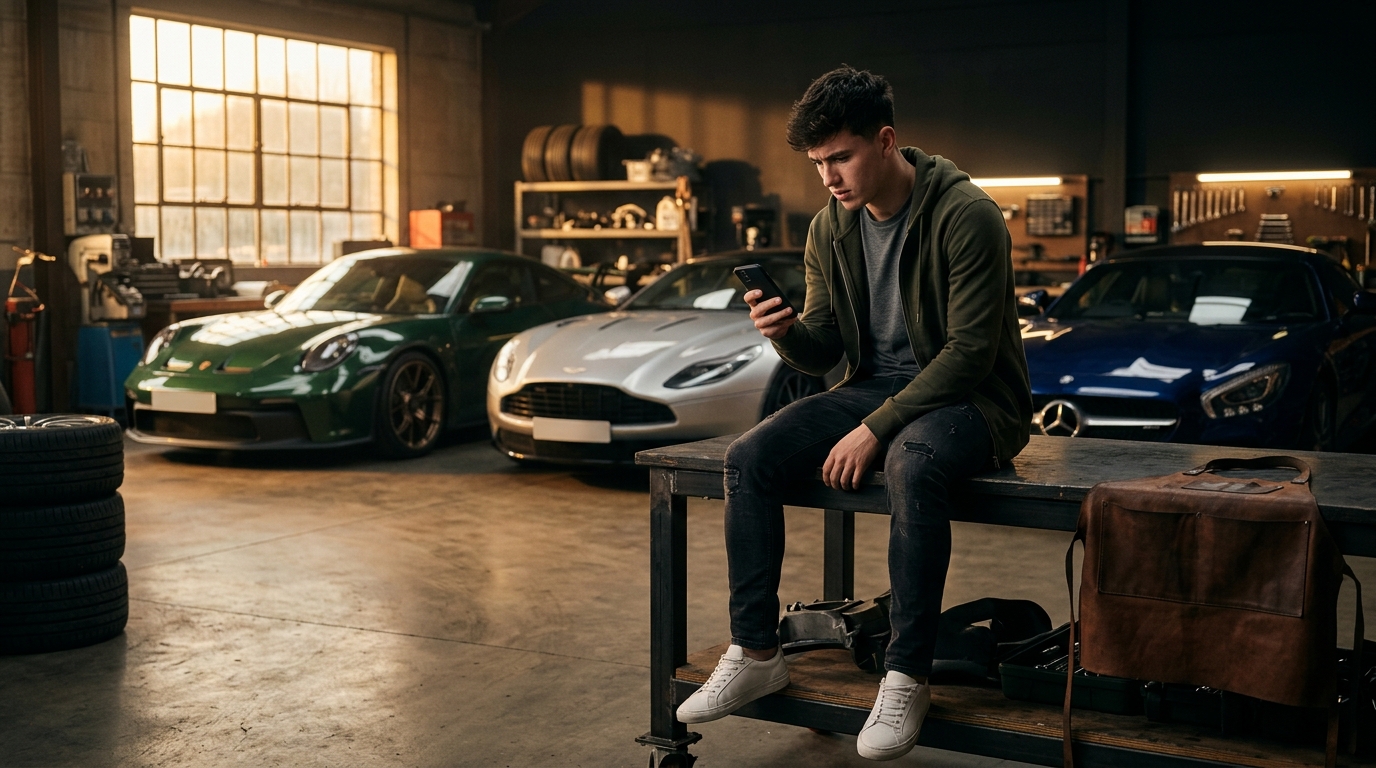 Footballeur inquiet réfléchissant seul dans un garage