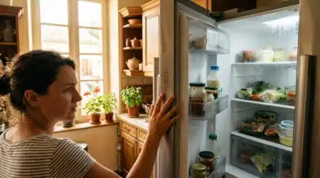 Réfrigérateur ouvert dans une cuisine en été