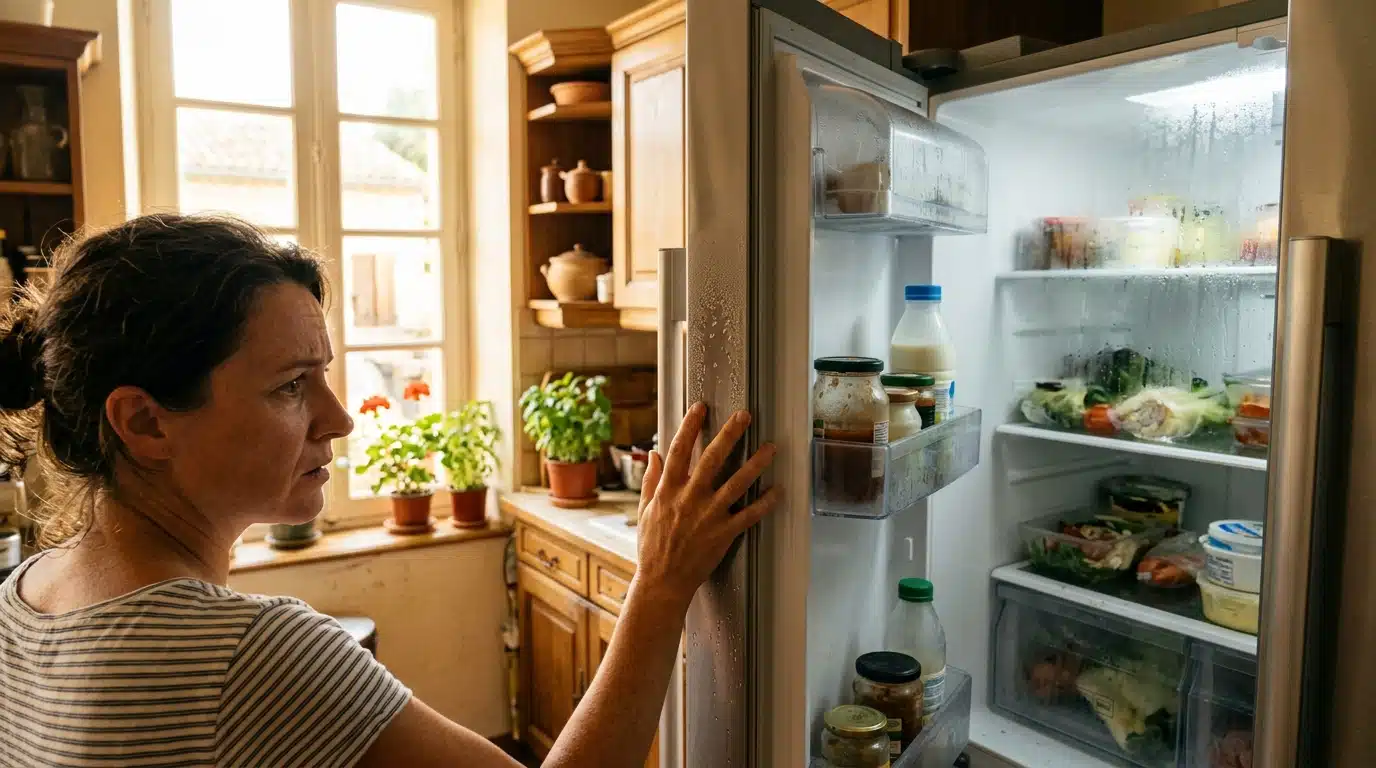 Réfrigérateur ouvert dans une cuisine en été