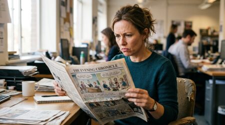 Femme choquée en lisant un journal satirique