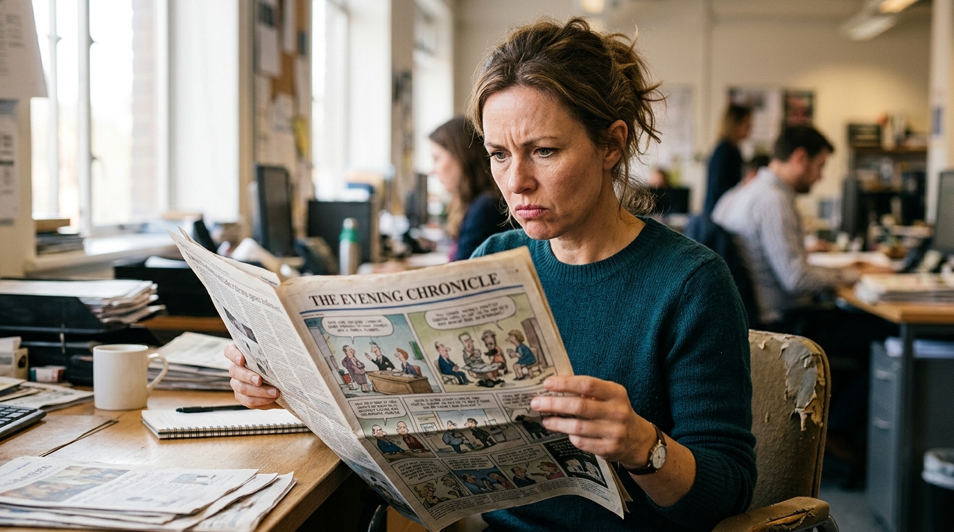 Femme choquée en lisant un journal satirique