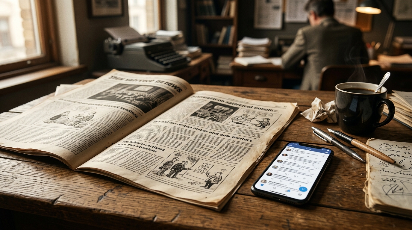 Journal satirique et smartphone sur un bureau