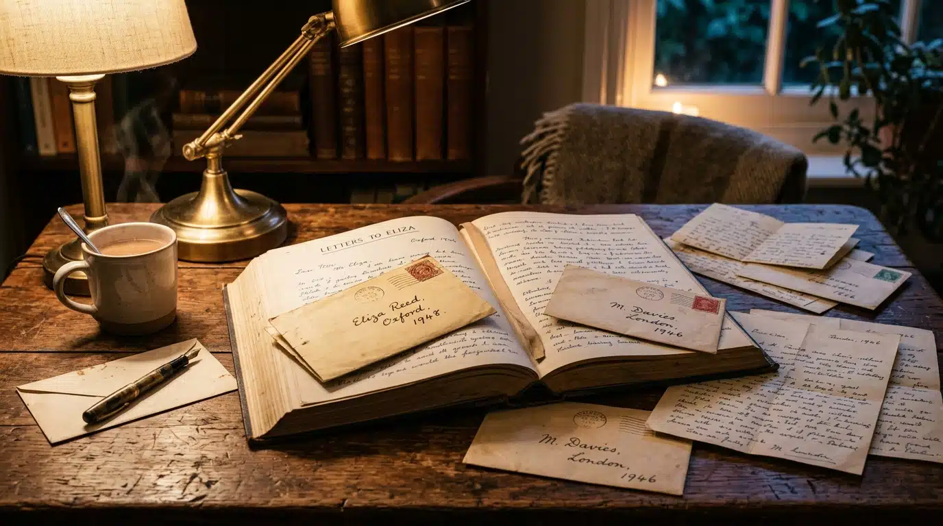 Livre ouvert et lettres manuscrites sur table en bois