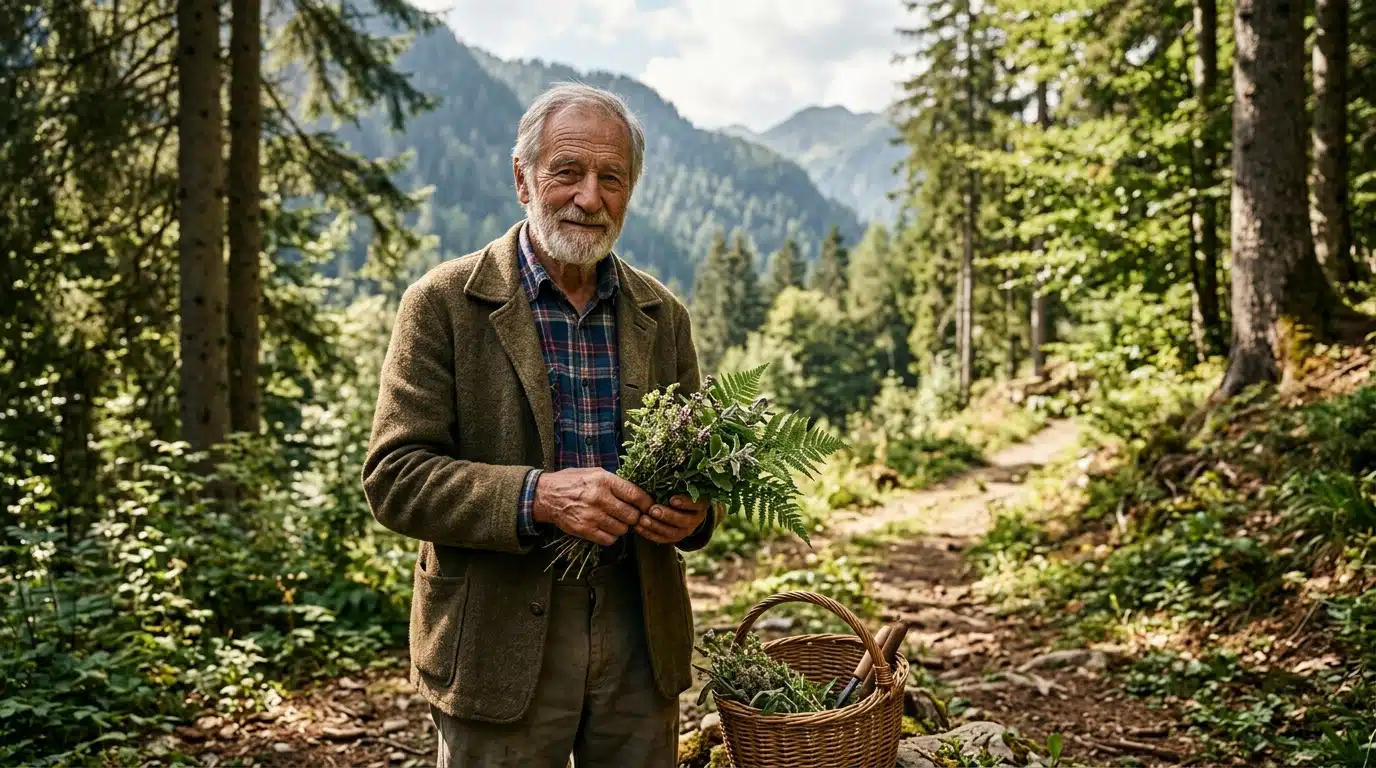 Homme âgé cueillant des plantes sauvages en forêt