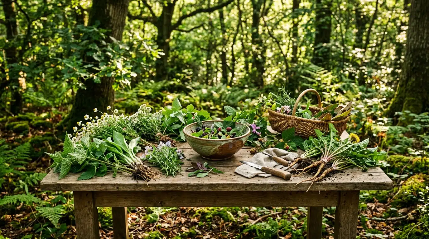 Herbes et plantes sauvages posées sur une table en bois
