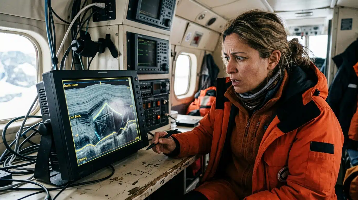 Scientifique stupéfait devant un radar glaciaire