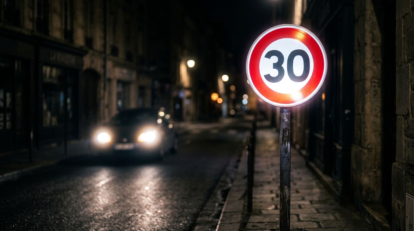 Petit panneau rond éclairé par des phares la nuit