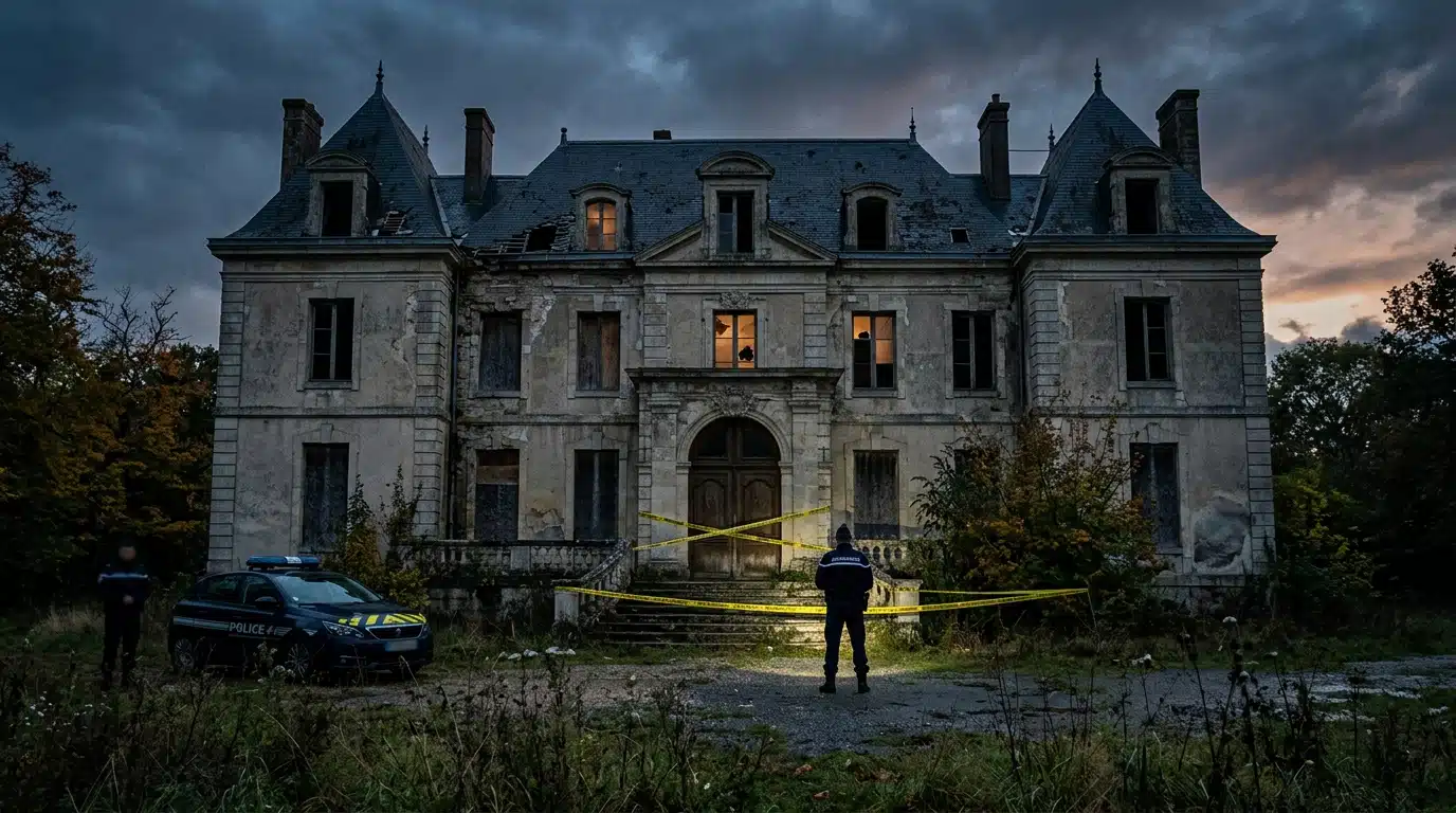 Manoir isolé au crépuscule avec ruban de police
