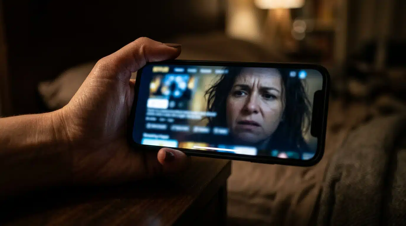 Main tenant un smartphone dans une pièce sombre