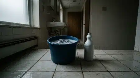 Seau rempli de liquide posé au sol d'une salle de bain