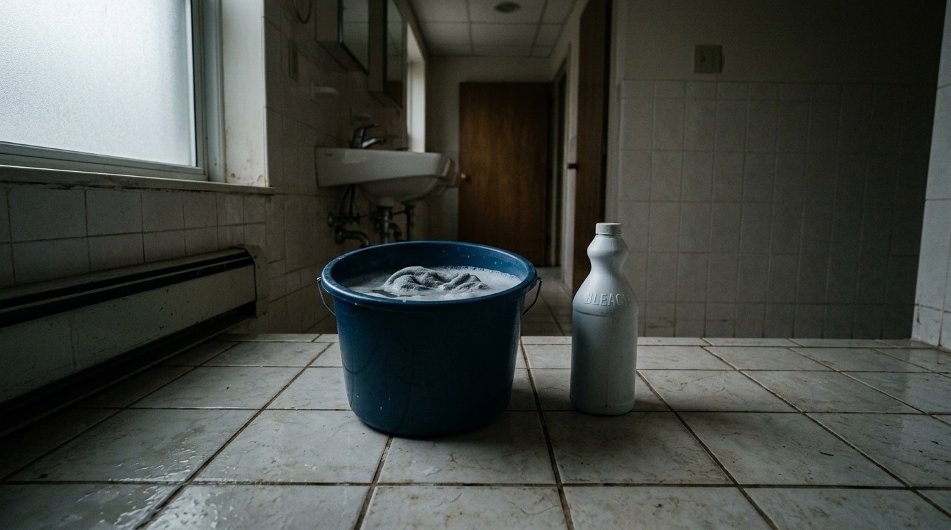 Seau rempli de liquide posé au sol d'une salle de bain
