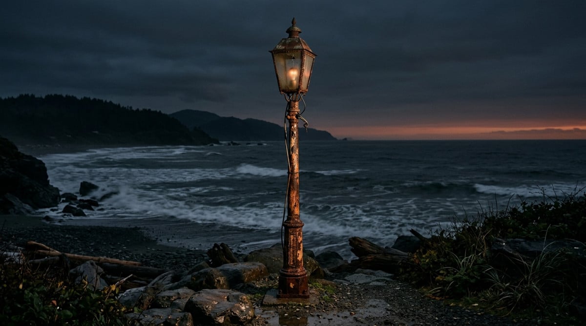 Lampadaire rouillé éteint sur un rivage du Pacifique la nuit
