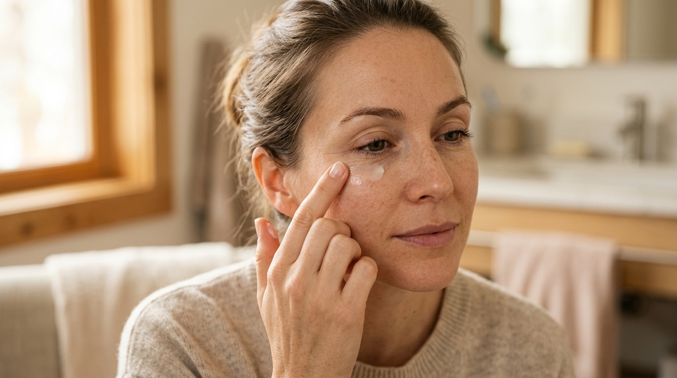 Femme appliquant une crème sous les yeux